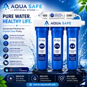 Aqua Safe Official Store 4 Stage Non Electric Water Filter featuring four-stage filtration with PPF, CTO, A-B, and T-33 filters in a premium blue and white design for clean, safe, and great-tasting drinking water.