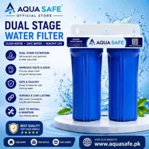 Aqua Safe dual stage water filter with blue housing, designed for clean drinking water filtration in home and office use in Pakistan.