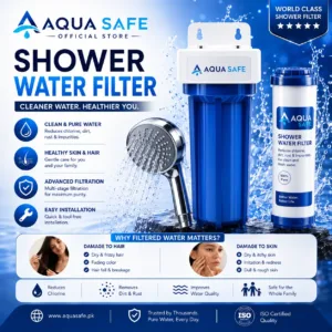 Aqua Safe Official Store Shower Water Filter with premium blue housing and replaceable shower filter cartridge. The poster highlights chlorine reduction, rust and dirt removal, healthier skin and hair, advanced filtration, easy installation, improved water quality, and family-safe protection.