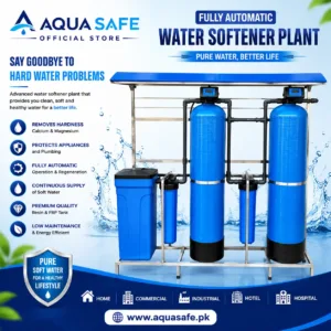 Aqua Safe Fully Automatic Water Softener Plant with dual FRP tanks, automatic control valves, resin tank, and pre-filter for efficient hard water treatment in homes, commercial buildings, and industries in Pakistan