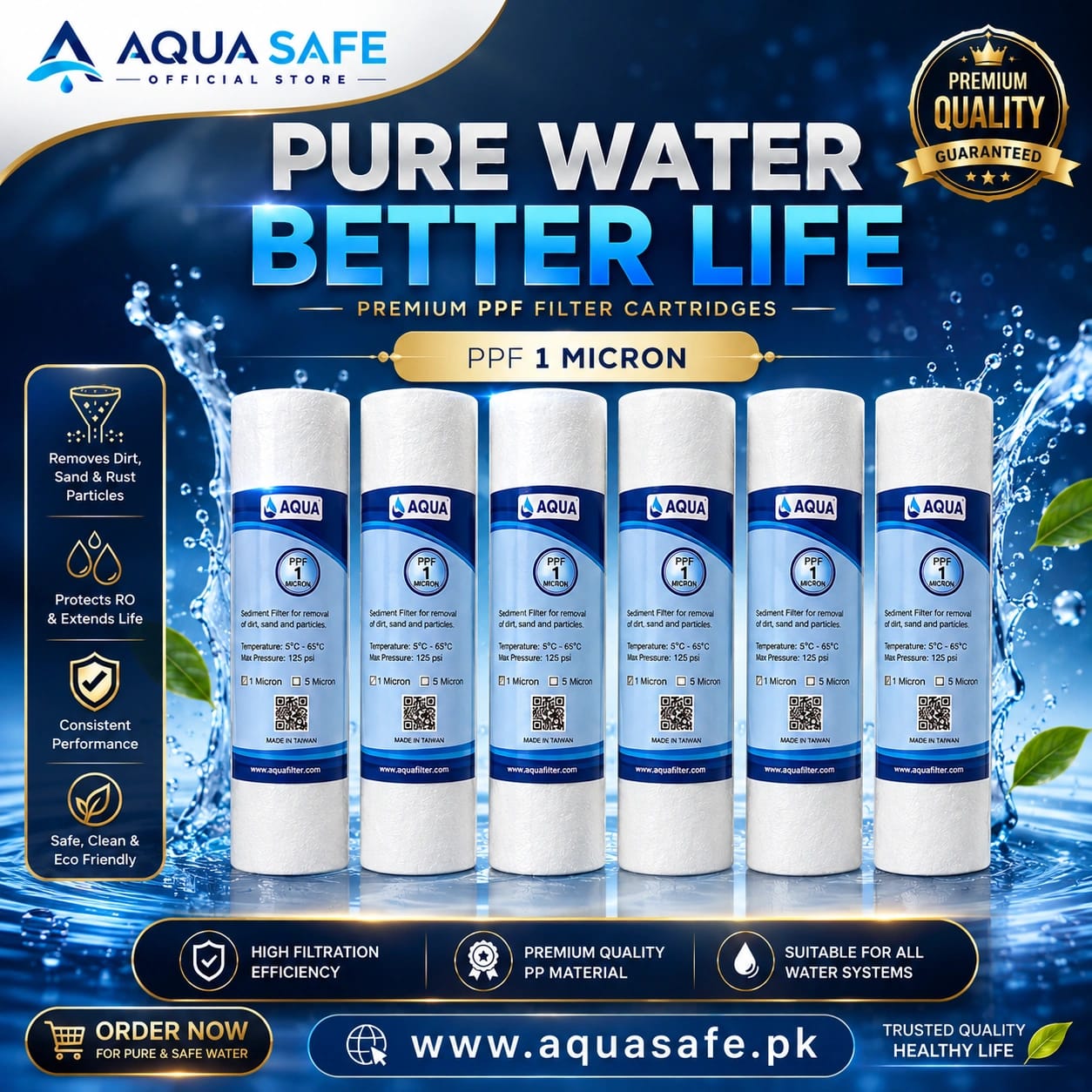 1micron ppf 6pcs Aqua PPF 1 Micron sediment filter cartridge pack of 6 for RO water purifier replacement.
