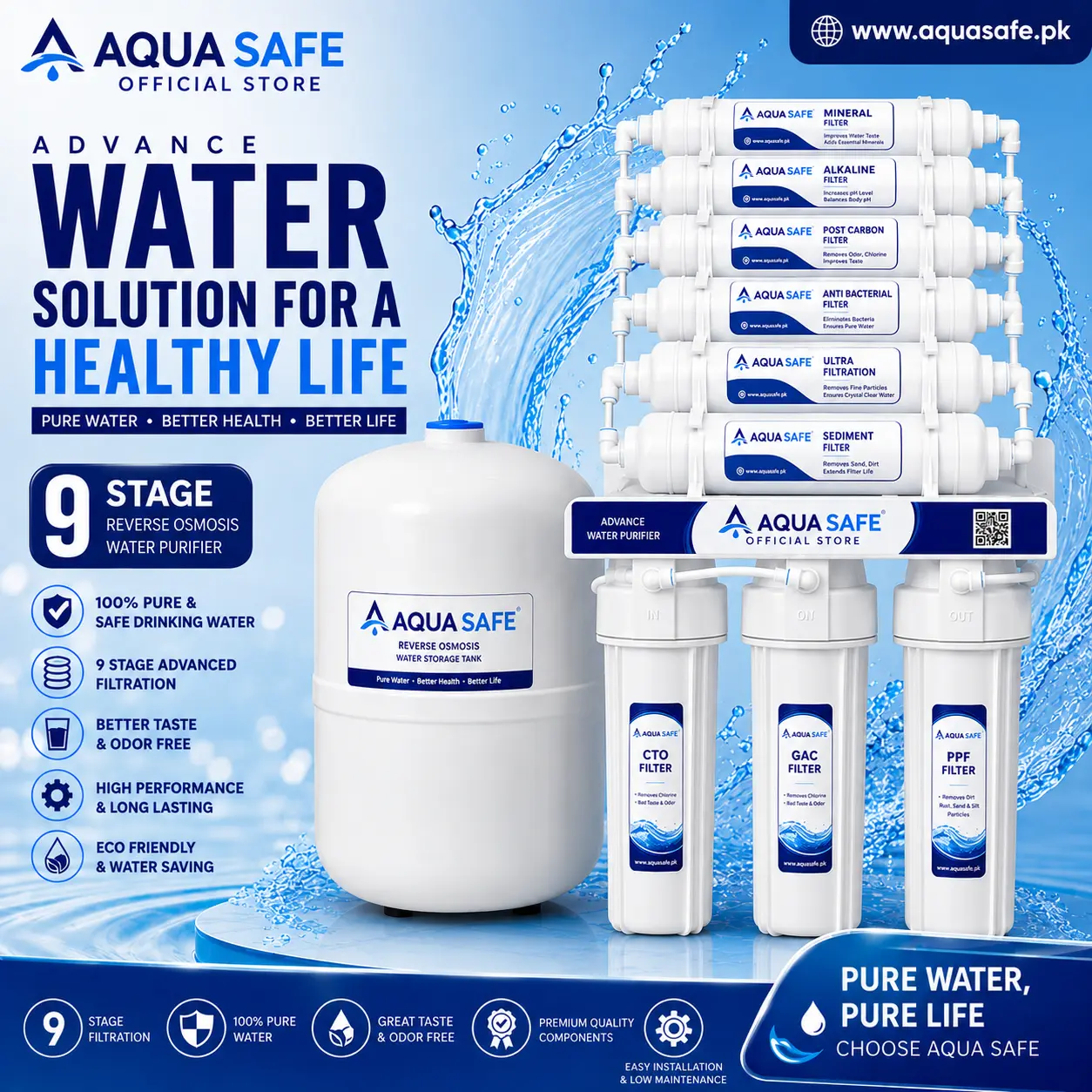 Aqua Safe 9 Stage RO System with water storage tank and advanced filtration